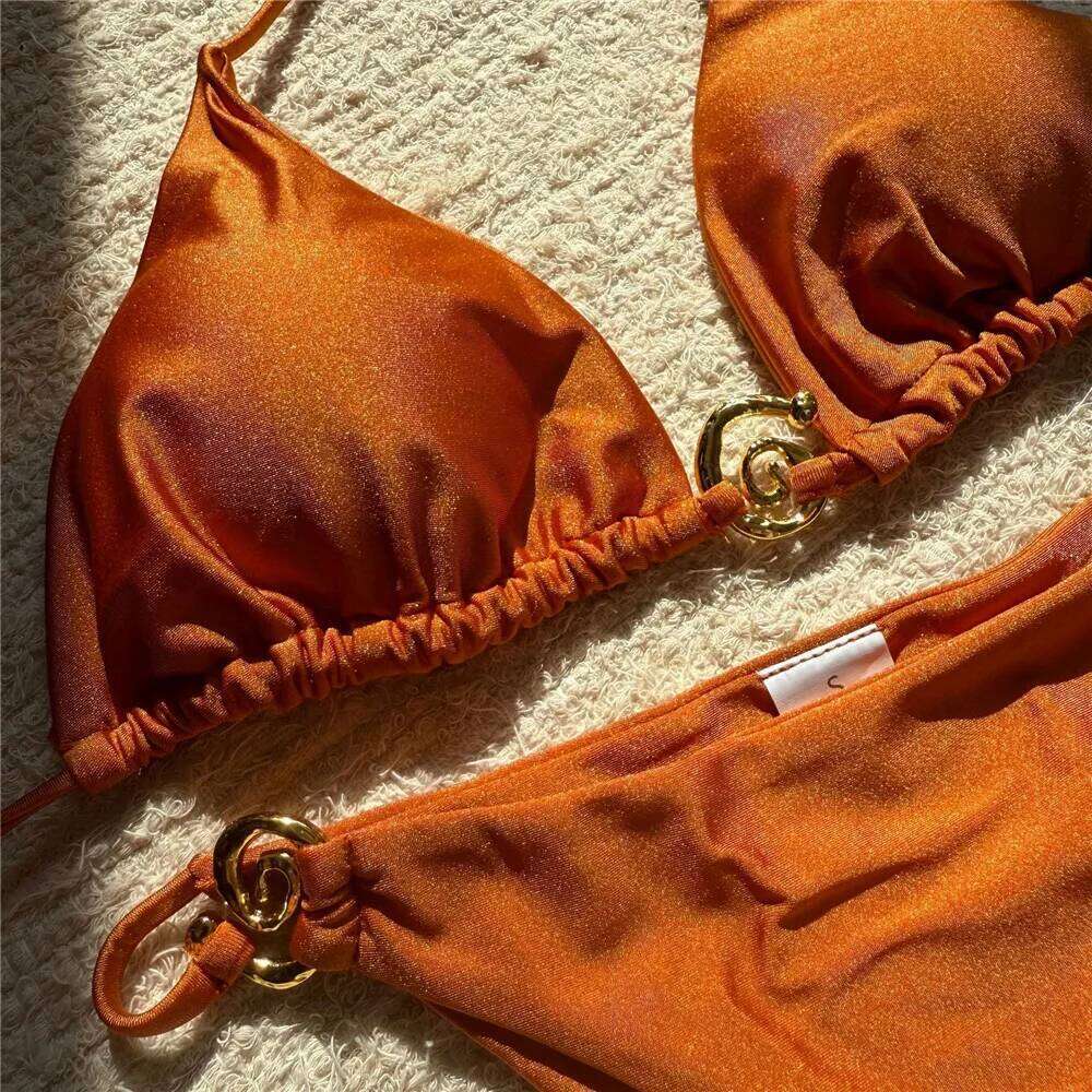 Solid Orange Swimwear Metal Ring String Halter Triangle Micro Bikini Thong Sexy Swimsuit Women 2026 Bathing Suit Bikinis Sets Z260301