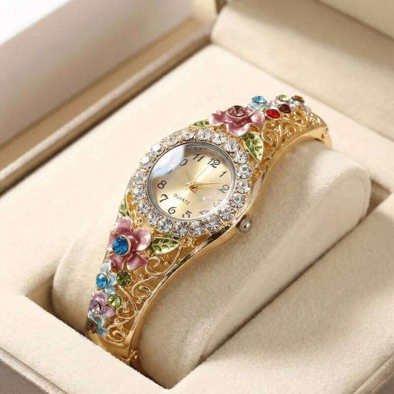 Woman es Retro Elegant Flower Diamond Stainless Steel Quartz Wristes Fashion Ladies Clock Gift montre femme H260228