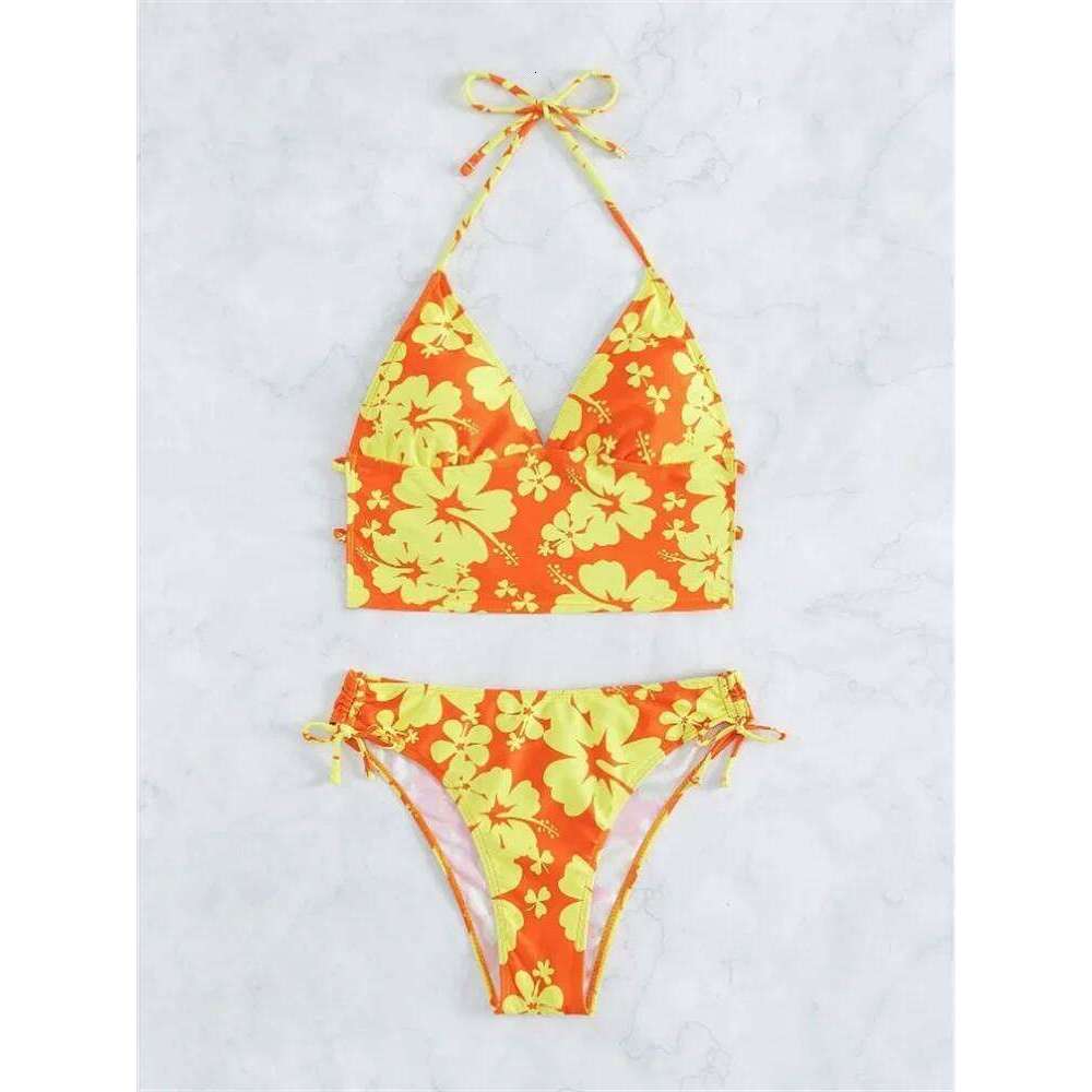 Sexy Yellow Floral Print Bikinis Set Women Halter Push Crop Top Swimsuit 2025 Beach Bathing Suit Lace Up High Waist Swimwear Z260301