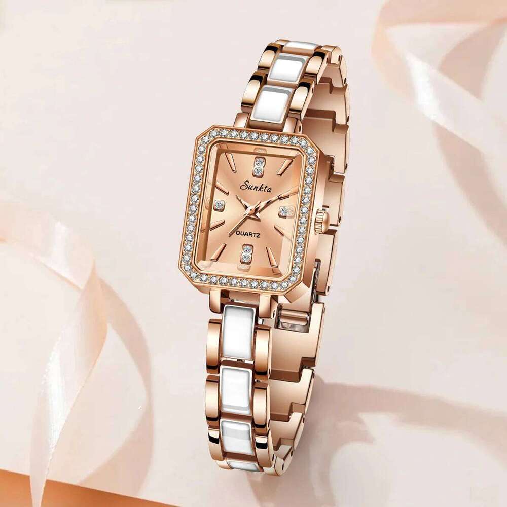 LIGE Luxury New Simple Square Full Diamond Digital Quartz e Gold Stainless Steel Women's Dress Clock H260228