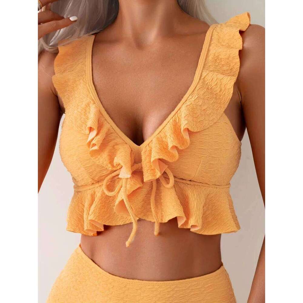 2026 Sexy Strappy Ruffle Bikini Solid Swimwear Women High Waist Triangle Swimsuit Female Bathing Swimming Suit Padded Beachwear Z260301