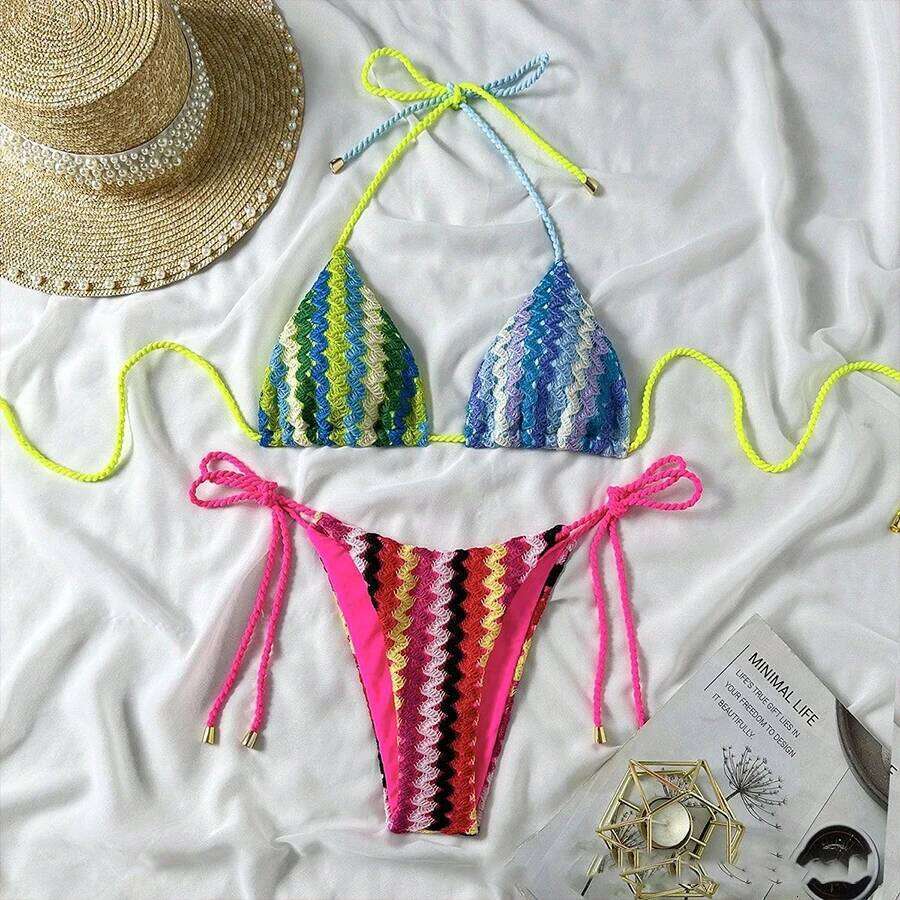 Para Praia Crochet Halter 2025 Knitted Bikini Swimwear Sexy Women Swimsuit Brazilian Biquini Bandage Bathing Suit Z260301