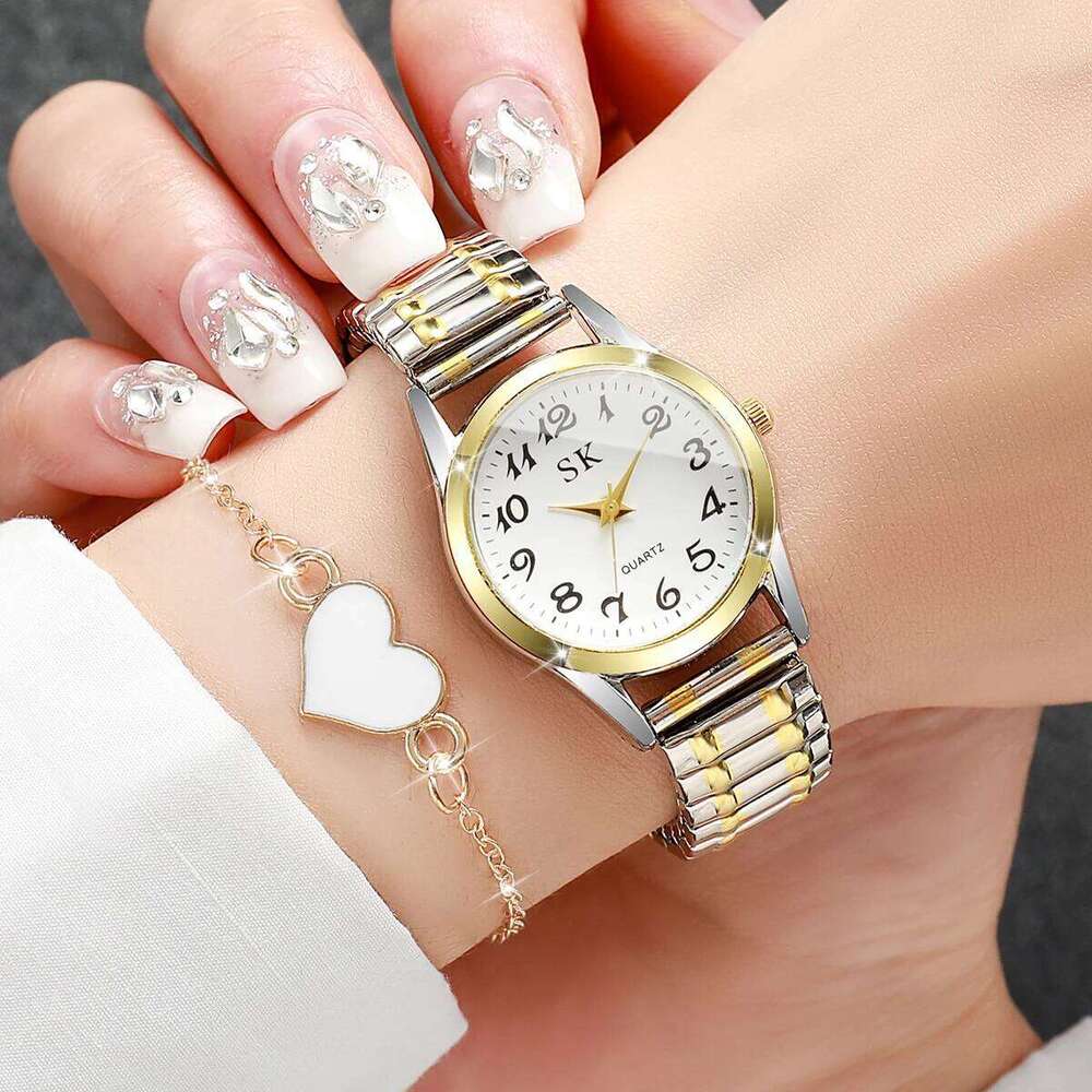 2PCS/Set Fashion Arabic Dial Women es Elastic Band Ladies Quartz Wristes Heart Set Reloj MujerWithout Box H260228