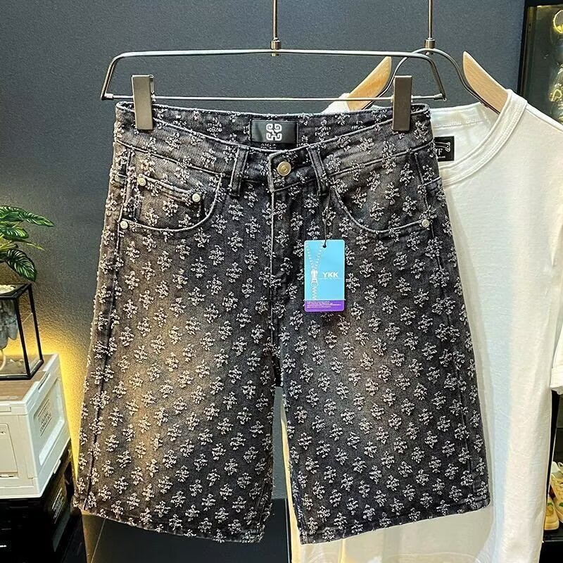 Luxury Brand Designer Clothes 2025 American Style New Denim Shorts Men's Summer Loose Straight Casual Jacquard High-End Feel Five-Point Mid-Lengt