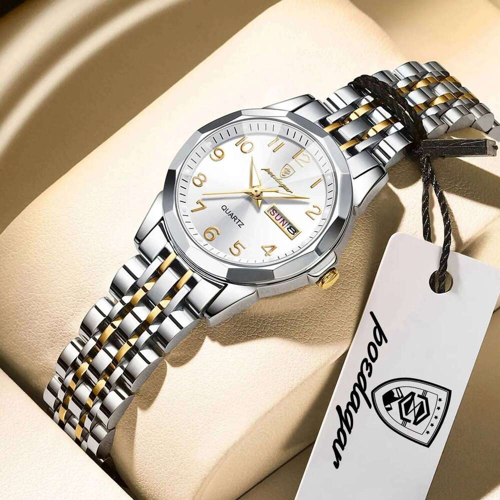 POEDAGAR Elegant Ladies es Waterproof Luminous Date Week for Woman High Quality Stainless Steel Quartz Women's H260228