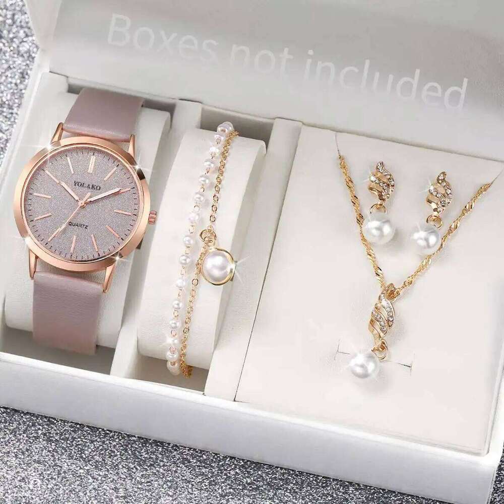5PCS/Set Fashion Women es Simple Leather Strap Quartz Wrist Pearls Jewelry Set Reloj MujerWithout Box H260228