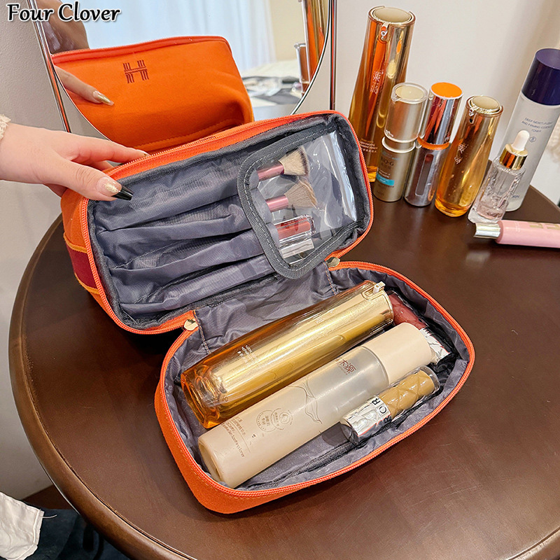 Travel portable canvas makeup bag, large capacity zippered storage bag, double-layer lunch box bag, fashionable luxury storage bag, multi-functional t