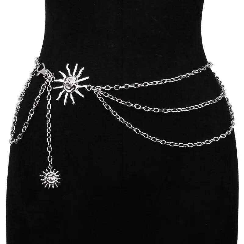 Fashion Sun Moon Layered Waist Chain - Punk Style Adjustable Belly Belt for Women Gothic Hip Harness Pants Decorative Accessory H260228