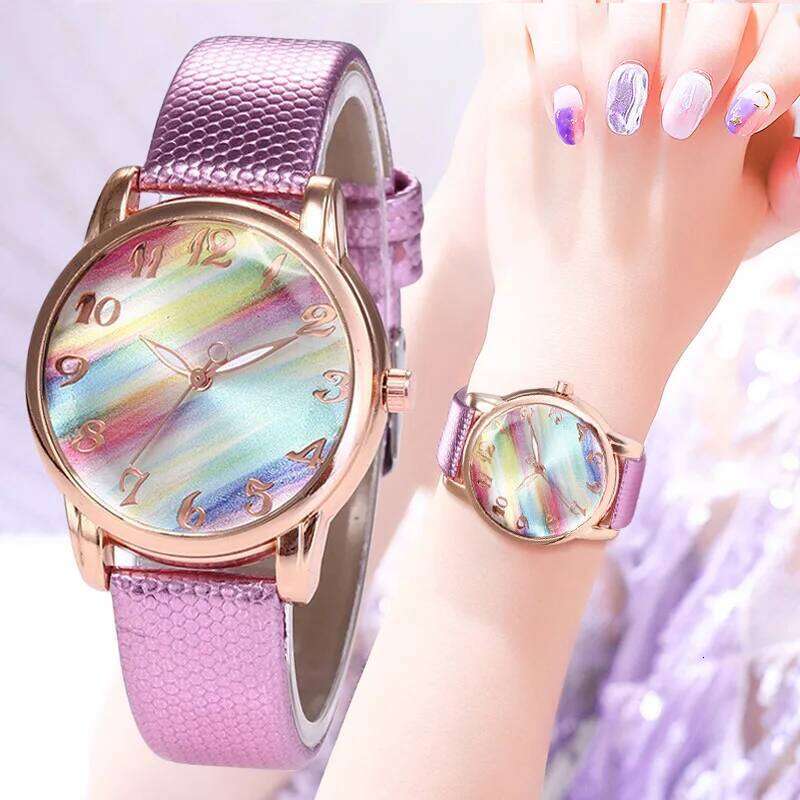 Minimalist Rainbow Color Dial Quartz for Women Classic Fashion Elegant Leather Strap Wrist Ladies Dress Casual H260228