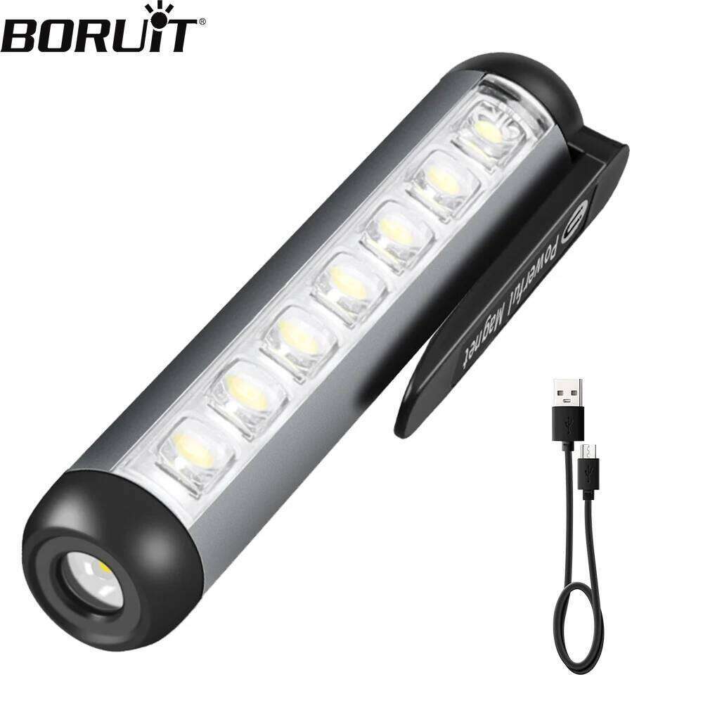 BORUiT Mini Portable LED Flashlight Type-C Rechargeable Ultra Bright Torch With Clip Magnet Work Light Waterproof Camping Lamp Z260301
