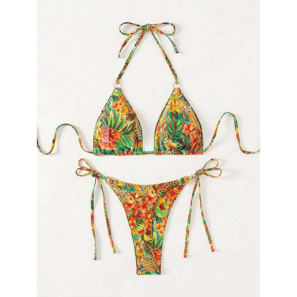 Tropical Print Bikini Set Women's 2025 New 2 Piece Swimsuit Sexy Triangle Halter Backless Thong Swimwear Beach Vacation Wear Z260301