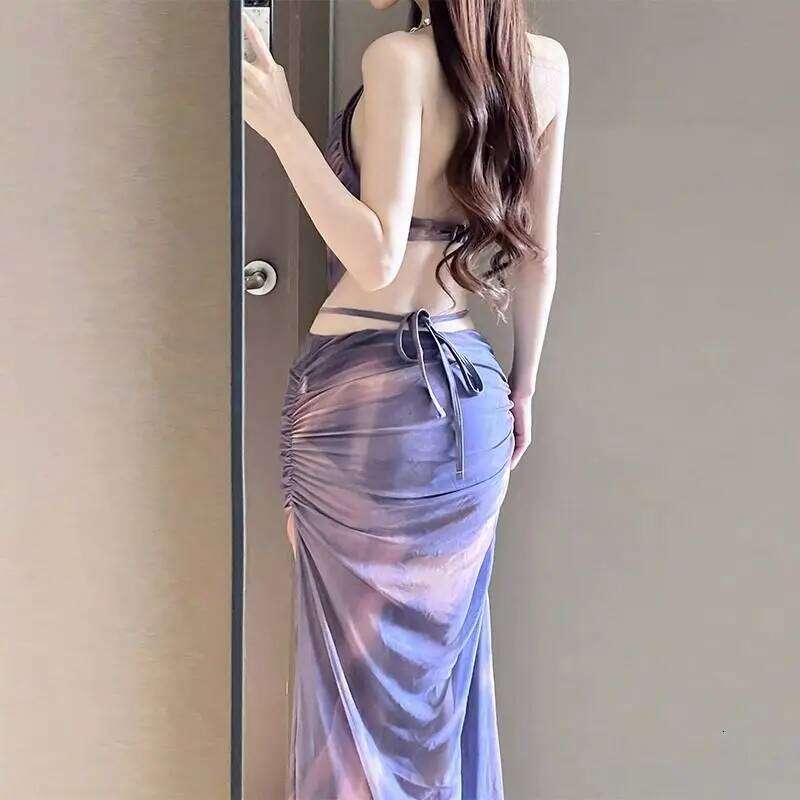 Sexy Bikini Swimwear Women's Three-Piece Set Long Dress Small Chest Gathered Steel Supportive Summer Vacation Beachwear Z260301