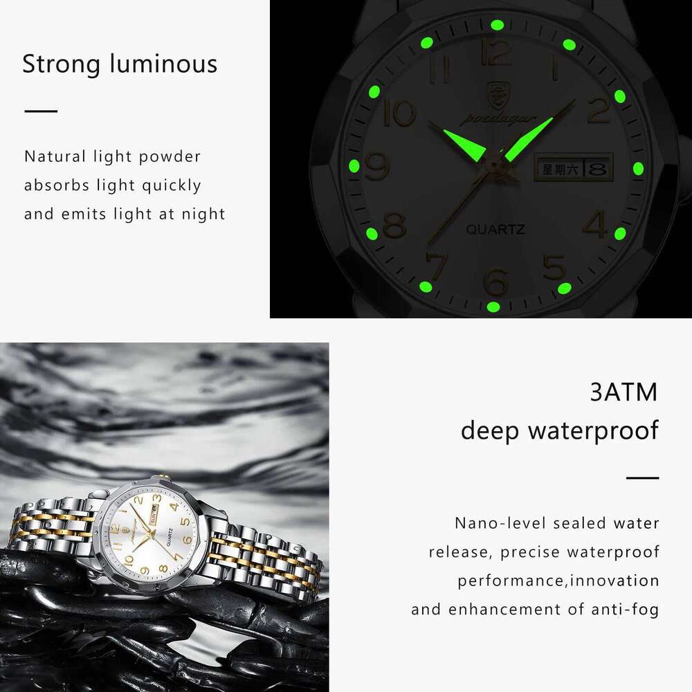 POEDAGAR Elegant Ladies es Waterproof Luminous Date Week for Woman High Quality Stainless Steel Quartz Women's H260228