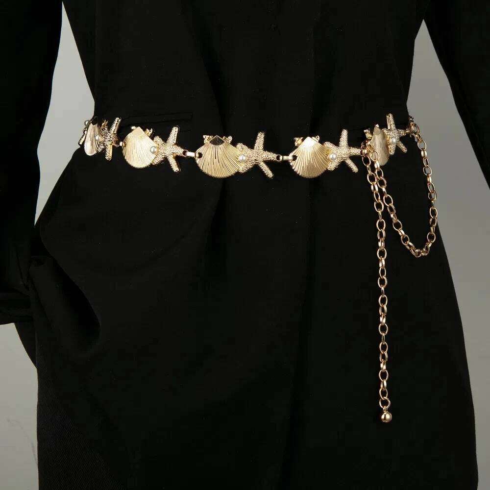 Sea Series Starfish Chain Ornaments Alloy Pearl Bohemian Shell Waist Belt Jewelry Adjustable H260228