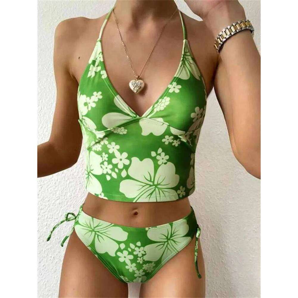 Sexy Yellow Floral Print Bikinis Set Women Halter Push Crop Top Swimsuit 2025 Beach Bathing Suit Lace Up High Waist Swimwear Z260301