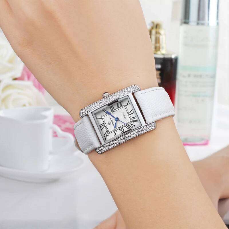 WWOOR Elegant Women's Square Diamond Ladies Waterproof Brand Leather Quartz es Zegarek Damski H260228