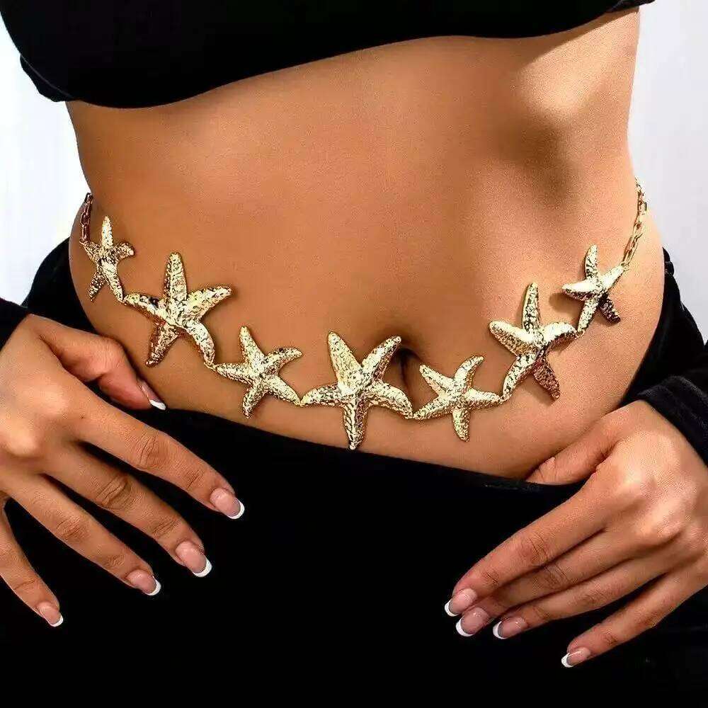 Trendy Sexy Beach Gold Color Metal Starfish Waist Women's Ocean Vacation Style Belly Chain Body Jewelry H260228