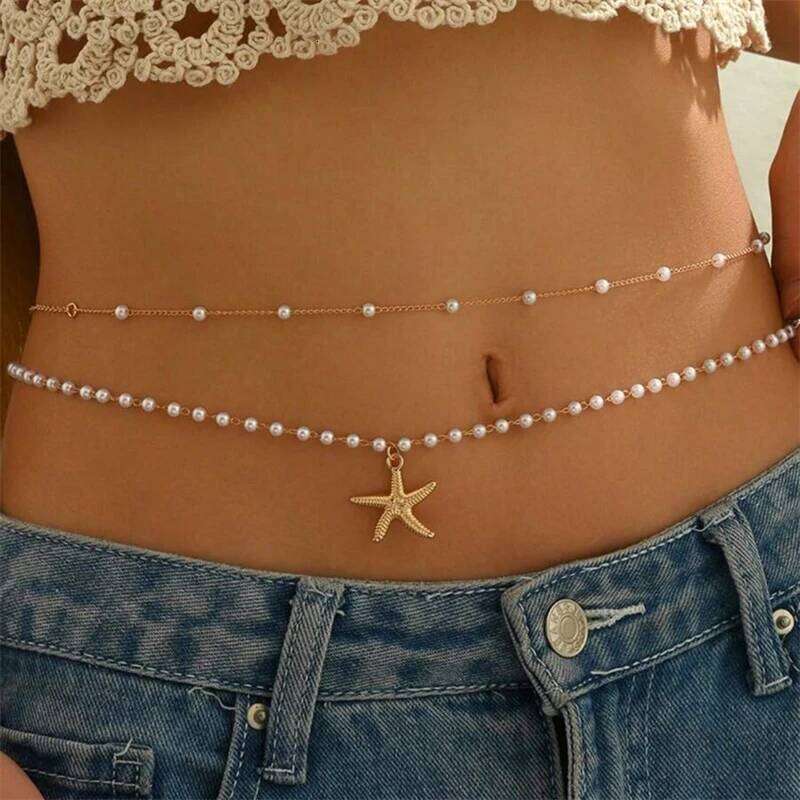 Fashionable Double Layer Imitation Pearl Waist for Women Minimalist Sexy Sequin Link Belly Chain Beach Jewelry H260228