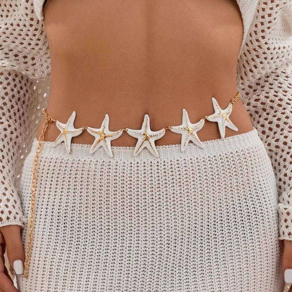 KunJoe Sexy Creative Beach Starfish Waist for Women Bohemian Star Belly Chain Summer Body Jewelry Bikini Dress Belt New H260228