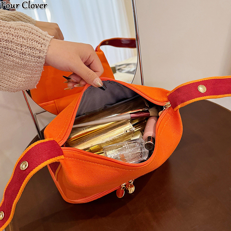 Travel portable canvas makeup bag, large capacity zippered storage bag, double-layer lunch box bag, fashionable luxury storage bag, multi-functional t