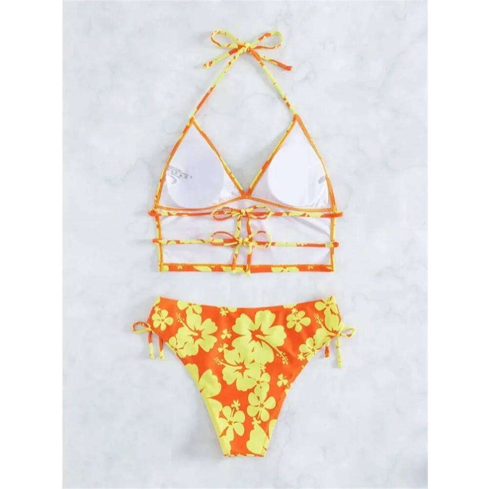 Sexy Yellow Floral Print Bikinis Set Women Halter Push Crop Top Swimsuit 2025 Beach Bathing Suit Lace Up High Waist Swimwear Z260301