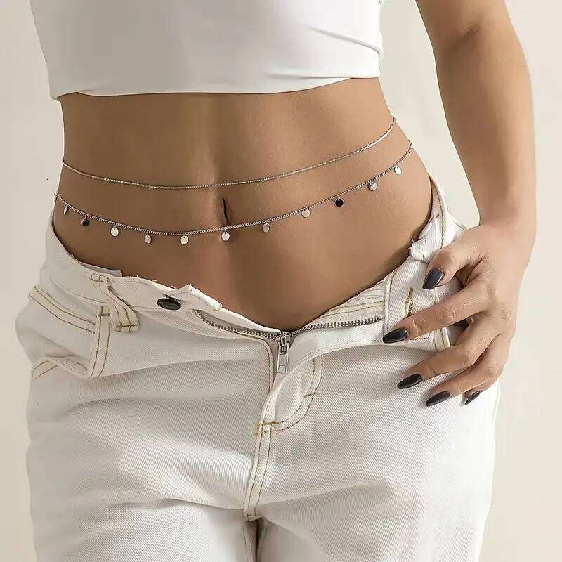 2pcs Round Coin Shape Tassel Pendant Thin Waist Simple Boho Double Layers Body Chain Summer Beach Jewelry Gifts 2024 New H260228