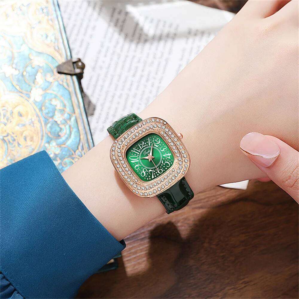 Fashion Full Star Luxury Ladies Square Arabic Numerals Quartz Casual Green Leather Women's Gift Clock Wrist H260228