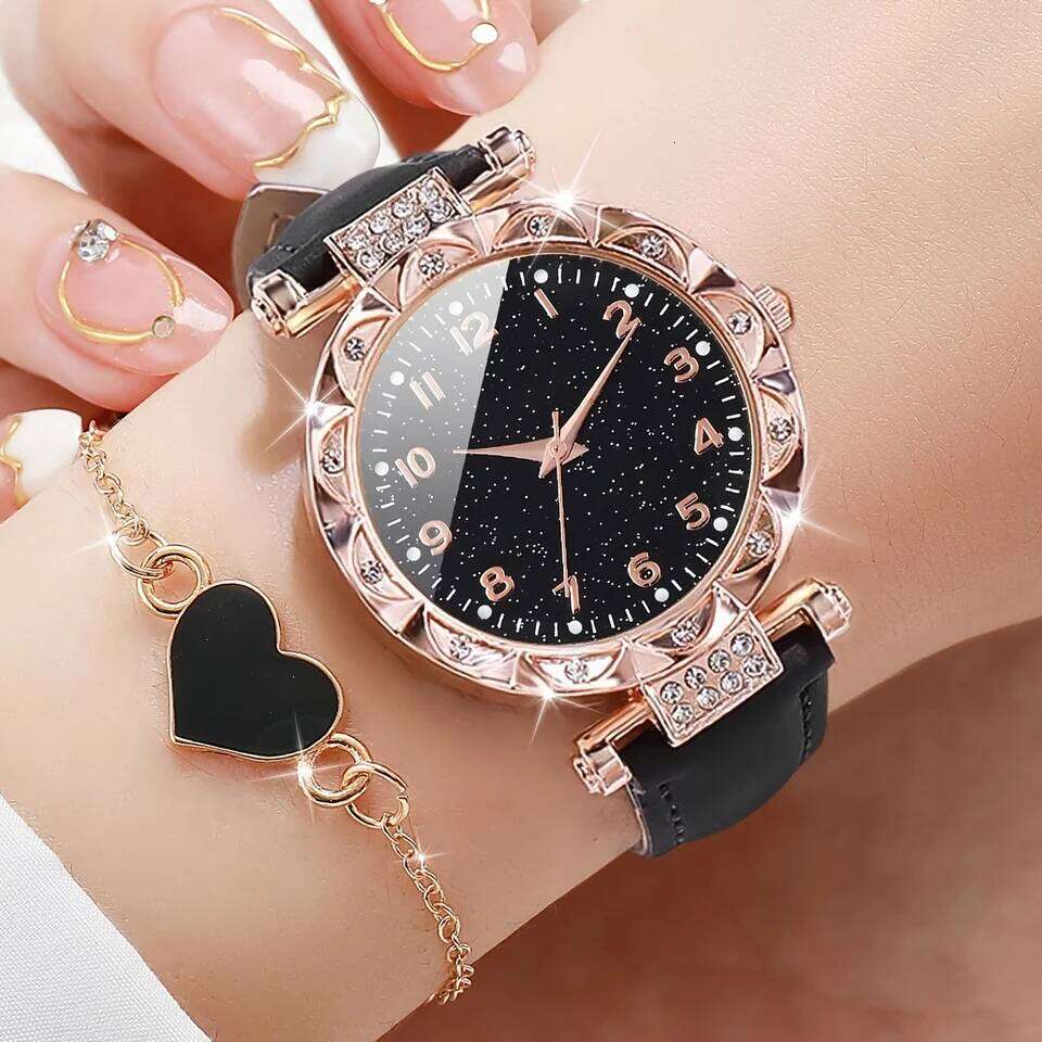 2PCS/Set Fashion Rhinestone Women's Quartz Analog PU Leather Band Wrist es Heart H260228