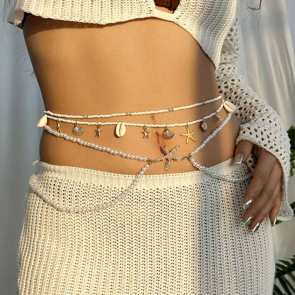 Bohemian Starfish Shell Rice Bead Chain 2 Piece Set for Women Beach Themed Double Strand Waist Friendship Jewelry Gifts H260228