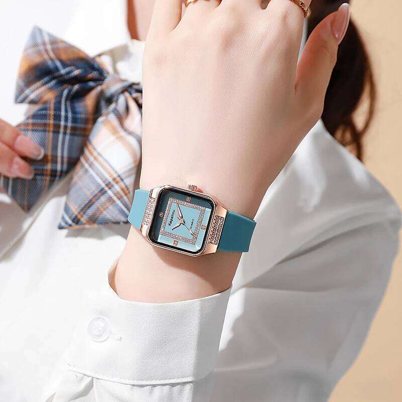 Women's fashionable square shell with diamond inlaid silicone quartz H260228