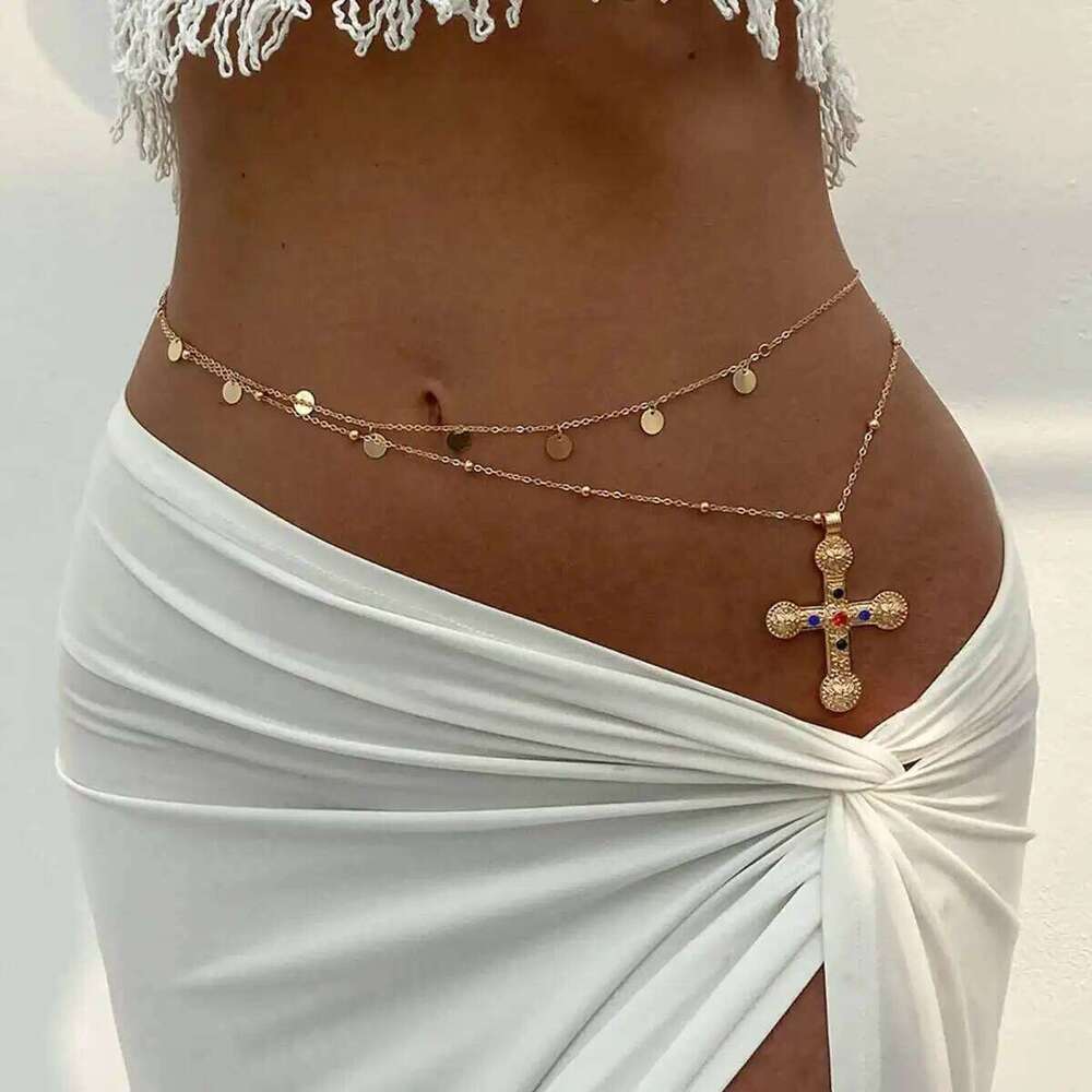 Ingemark 2Pcs/Set Simple Cross Jesus Bowknot Pendant Waist Chain Women Summer Beach Bikini Belly Belt Rave Festival Body Jewelry H260228