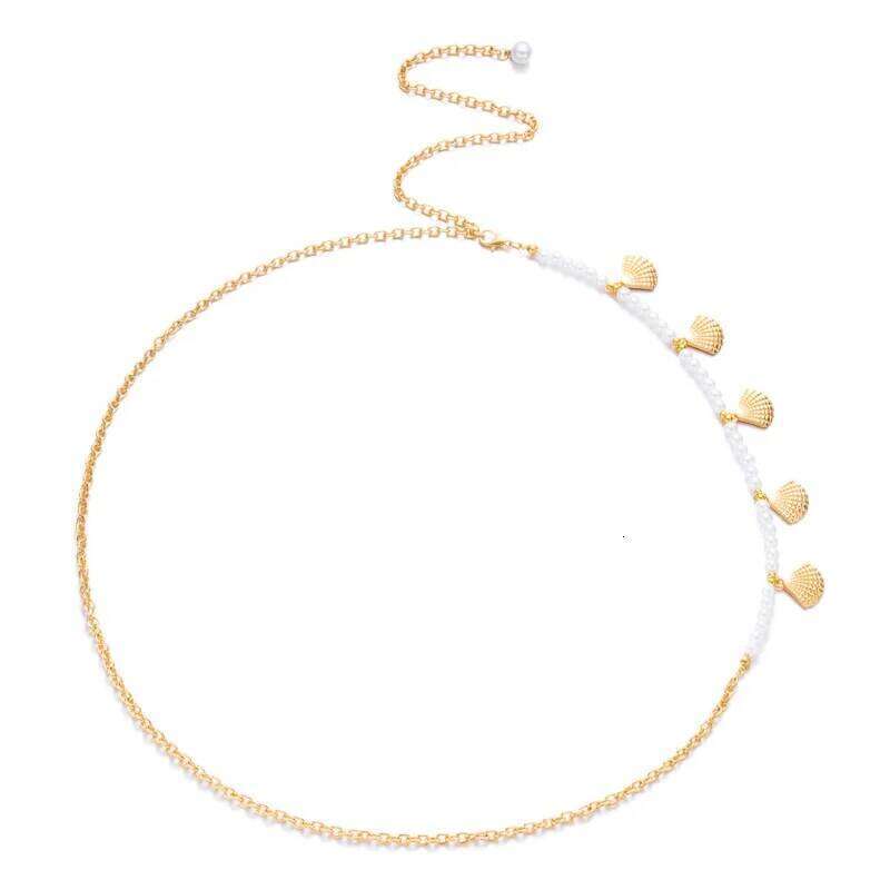 Trendy Y2k Summer Bohemian Imitation Pearl Shell Waist Link Beach Bikini Alloy Body Chain for Women Girls H260228