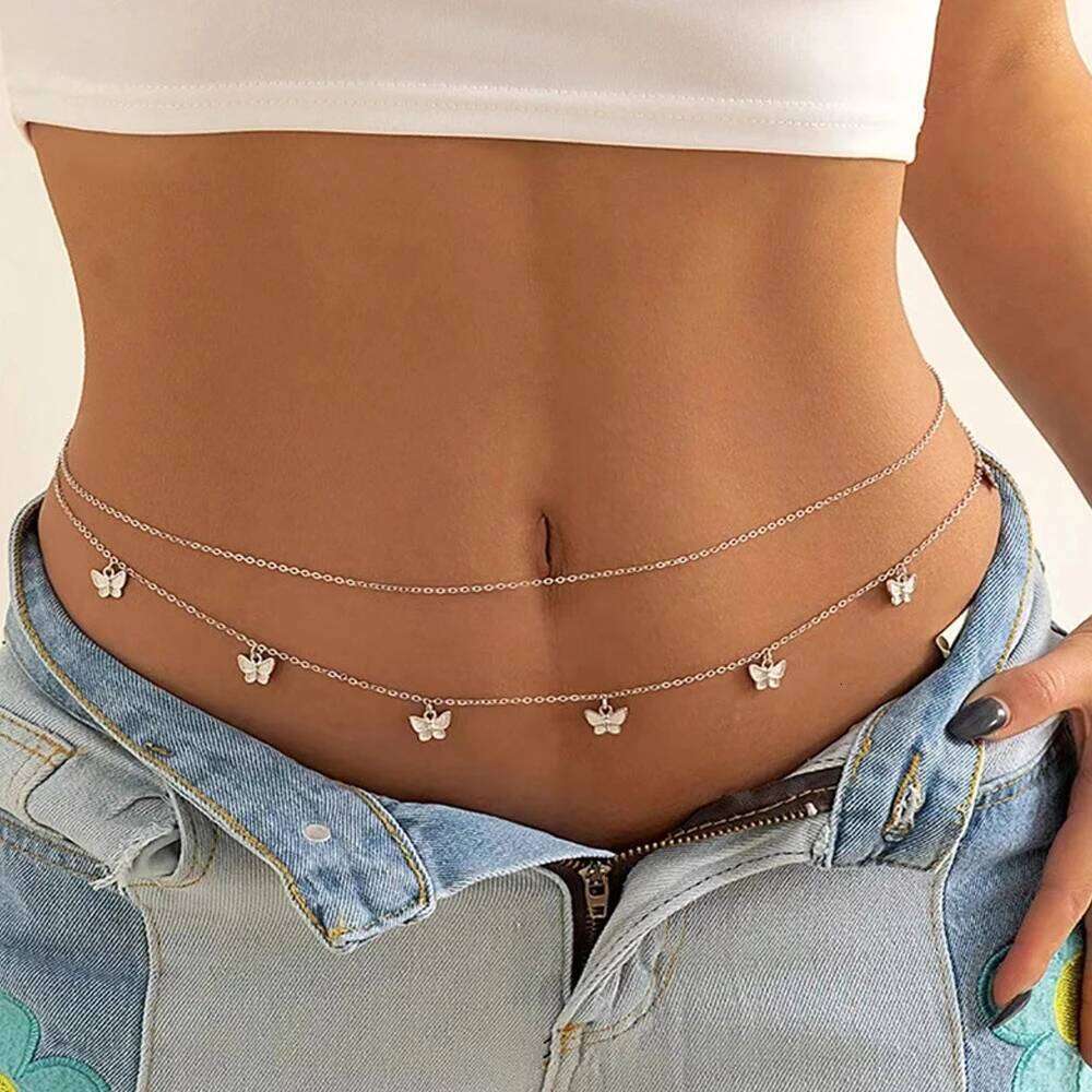 Retro Butterfly Pendant Belt With Body Chain, Suitable For Women's Fashionable Belly Dance Clothing H260228