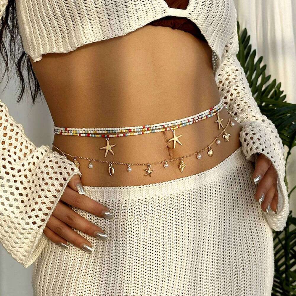 Boho Sexy Fashion Layered Tassel Starfish Waist Belly Women Summer Beach Sea Turtle Conch Shell Pearl Body Chain Jewelry H260228