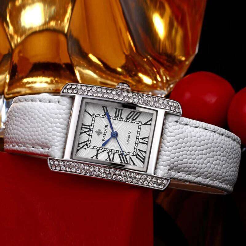 WWOOR Elegant Women's Square Diamond Ladies Waterproof Brand Leather Quartz es Zegarek Damski H260228