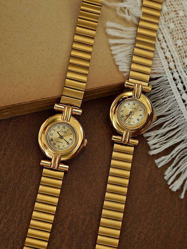 1 Piece of French Retro Gold Small Fashionable, Elegant, Exquisite, Compact Waterproof Quartz , Suitable for Daily Wear, Dinner and Other Occasions, H