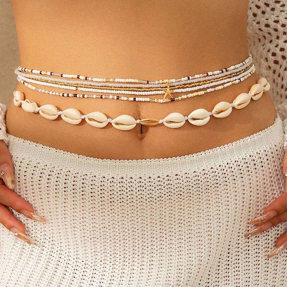 2024 Trendy Shell Starfish Multi-layer Rice Bead String Acrylic Waist Summer Beach Body Chain H260228