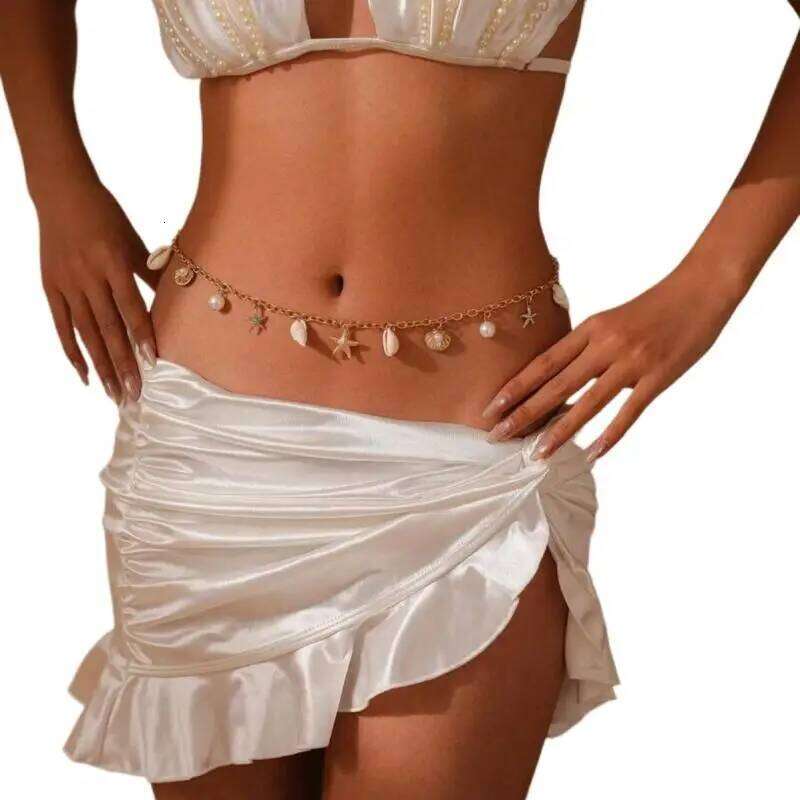 Trendy Y2k Summer Bohemian Chain Sea Star Pearl Shell Waist Link For Women Girls Beach Bikini Body Decoration Jewelry H260228