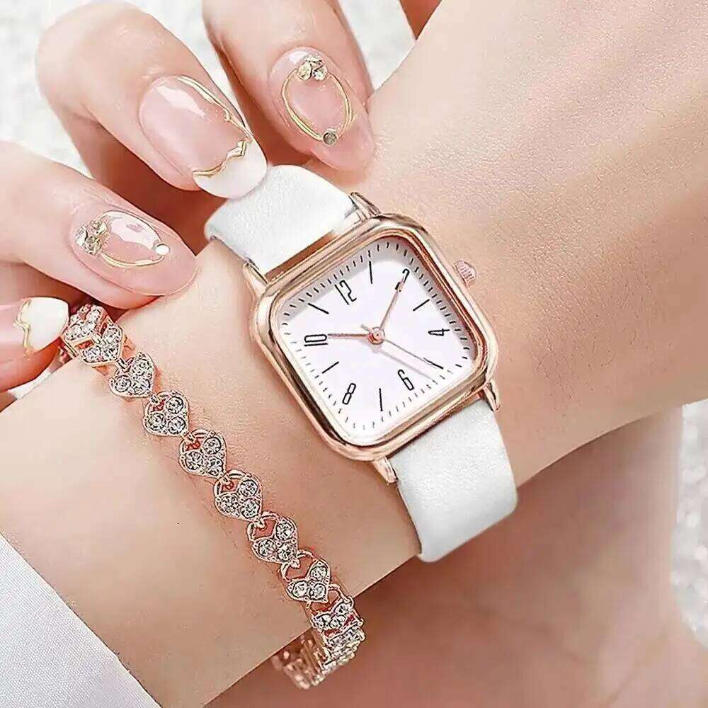 2PCS/Set Fashion Square Women es Leather Strap Quartz Wrist Rhinestone Set Reloj Mujer H260228