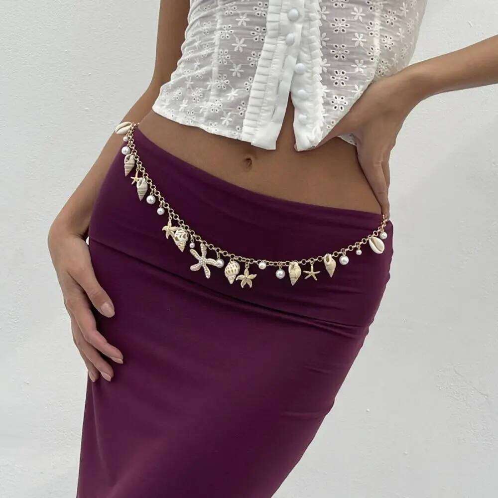Fashion Alloy Waistband Bohemia Style Imitation Pearl Conch Pendant Beach Shell Waist Chain Women jewelry Accessory H260228