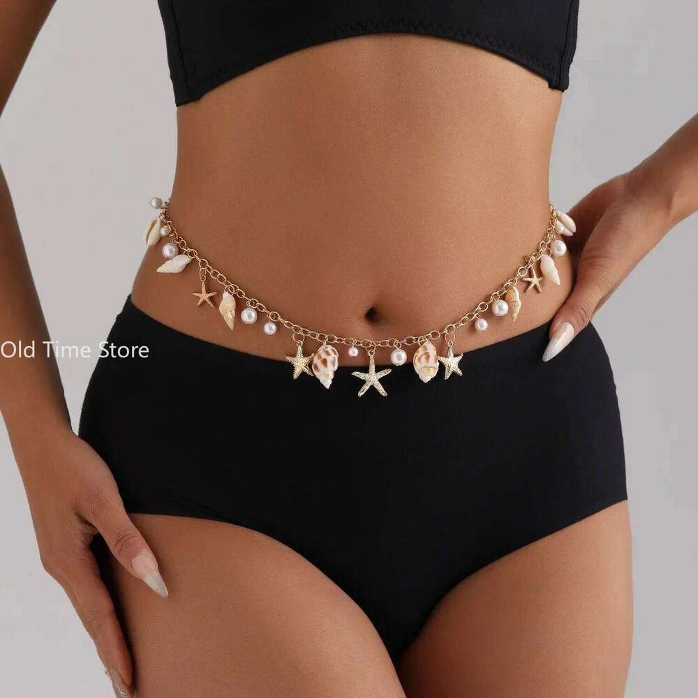 Fashion Natural Shell Conch Sea Star Imitation Pearl Tassel Pendant Waist for Women Retro Sexy Gold-plated Body Chain Jewelry H260228