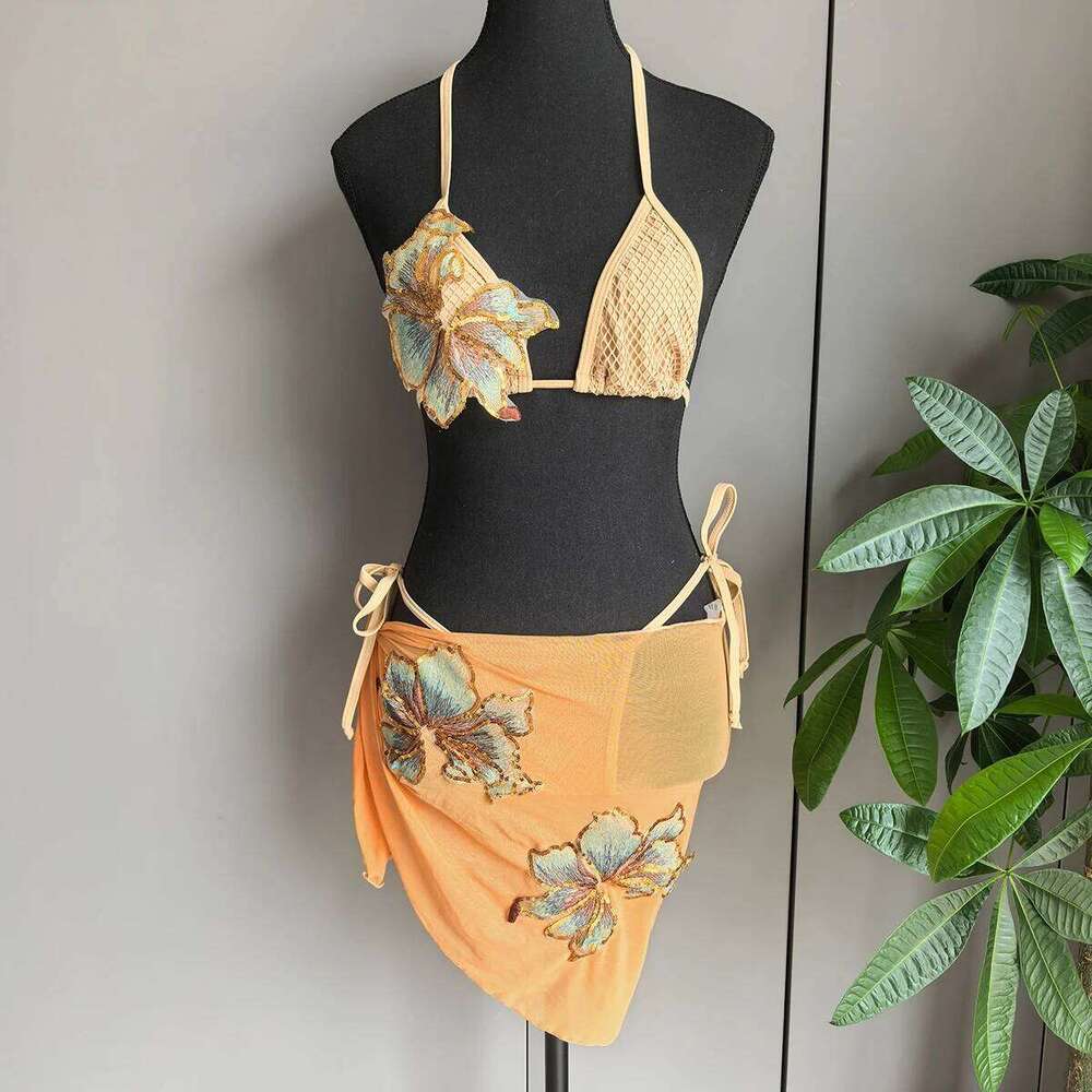 3 Pieces 2025 Sexy Women Swimsuit Swimwear Female Bikini Set Beachwear Bathing Flower Sarong Swimming Suit Cover Ups Z260301