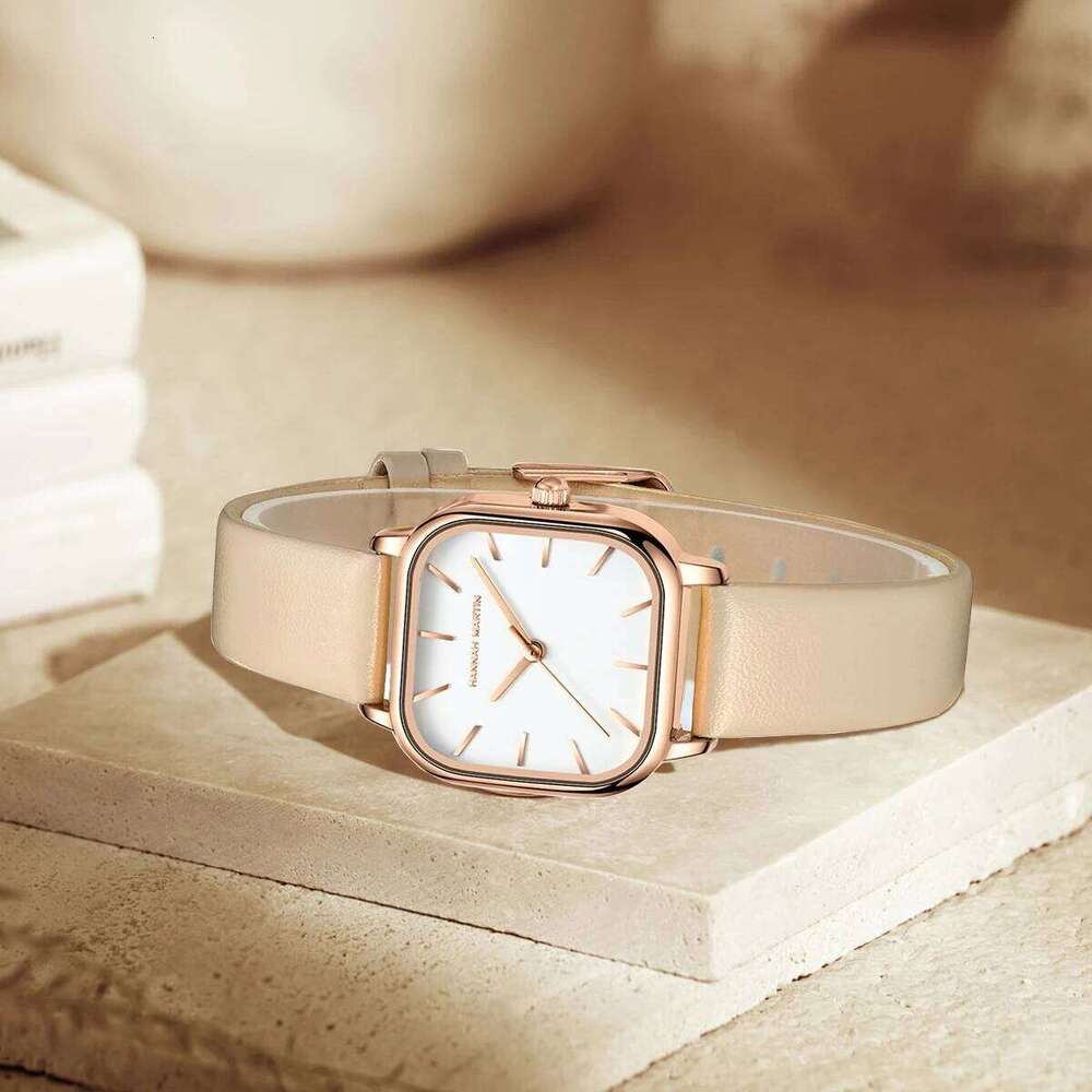 Hannah Martin Square Women Fashion Rose Gold Leather Minimalist Style Girls Clock Quartz Movement Casual Waterproof H260228