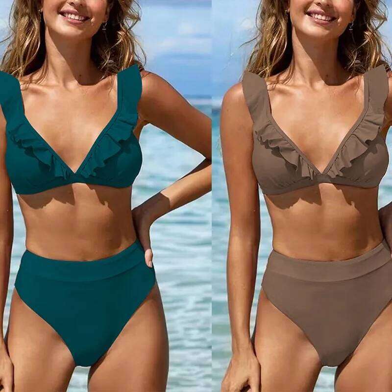 New split solid color bikini for women's pleated multi-color swimsuit Z260301