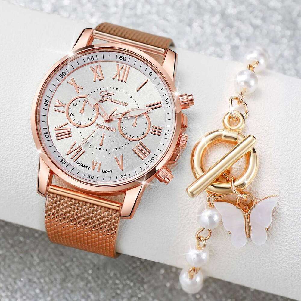 2PCS/Set Women's Fashion Plastic Band Analog Quartz Pearls Butterfly Set H260228