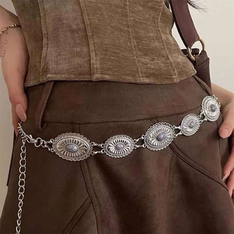 Vintage Punk Metal Hip Hop Style All-match Embossed Waist Chain Womans Belt For Dress High Belts for Women H260228