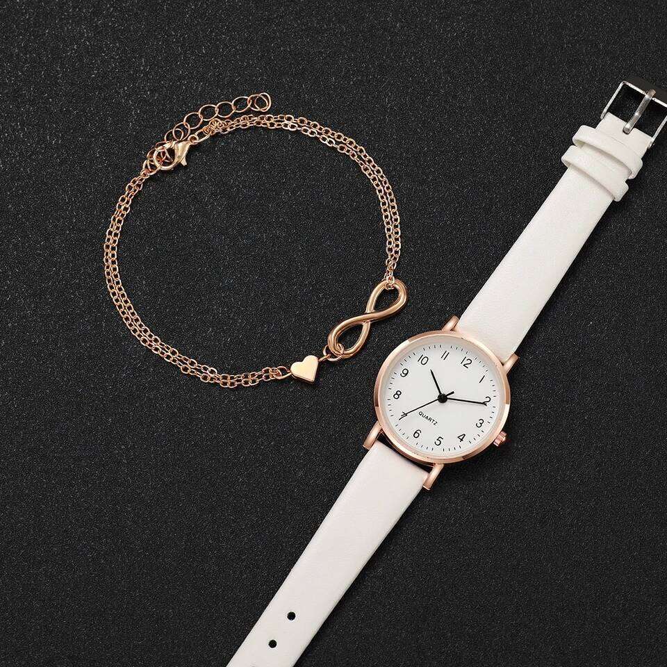 2PCS/Set Women's Fashion Arabic Dial Leather Band Quartz es Gold Heart Set H260228