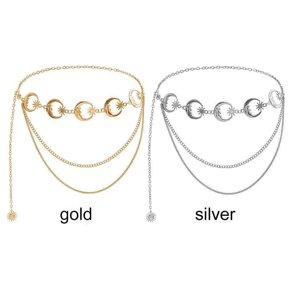 Fashion Vintage Metal Punk Waist Chain Womans Layered Belt Moon Star Waistband Dress Cummerbands H260228