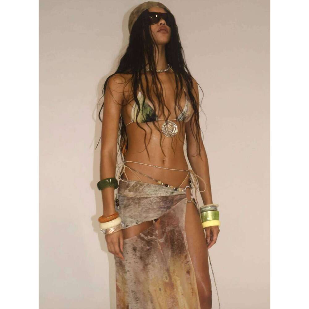 2025 New Sexy 3 Pcs With Print Halter Bikini Set Summer Women White Tube Top with Skirt Suit Female Z260301