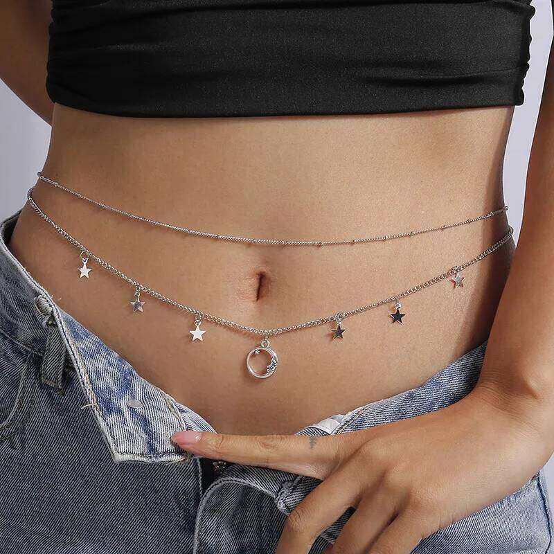 Fashion Moon Star Body Summer Beach Sexy Metal Charm Double-Layer Waist Chain Fashionable Women's Bikini Accessories H260228